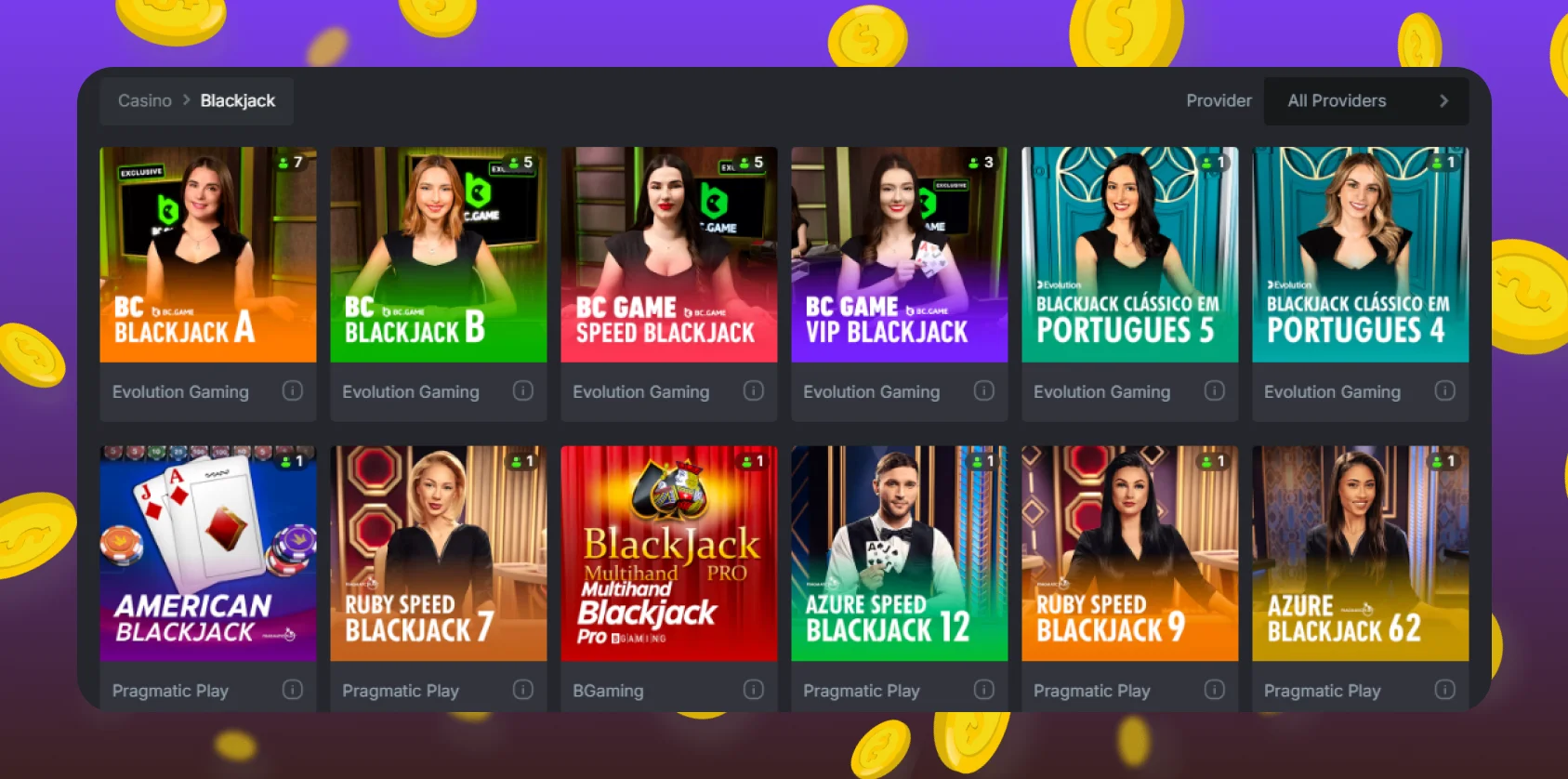 Blackjack section at BC Game